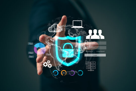 The businessman's finger touches the padlock icon. This symbolizes cybersecurity, cutting-edge digital crime prevention technology, and a system to protect personal data access.