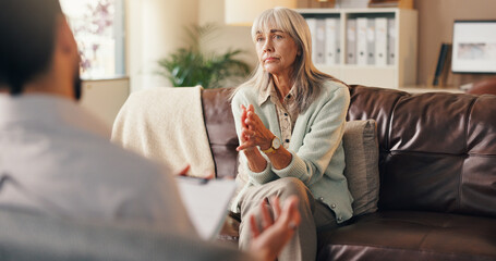 Listen, client or old woman in therapist office, mental health support or assessment results for...