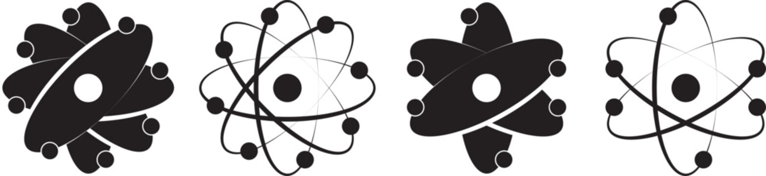 atom icon set. Atomic structure symbols. Simple black and white illustration of an atom with orbiting electrons around a nucleus. Simplified black and white atom representation with electrons orbiting
