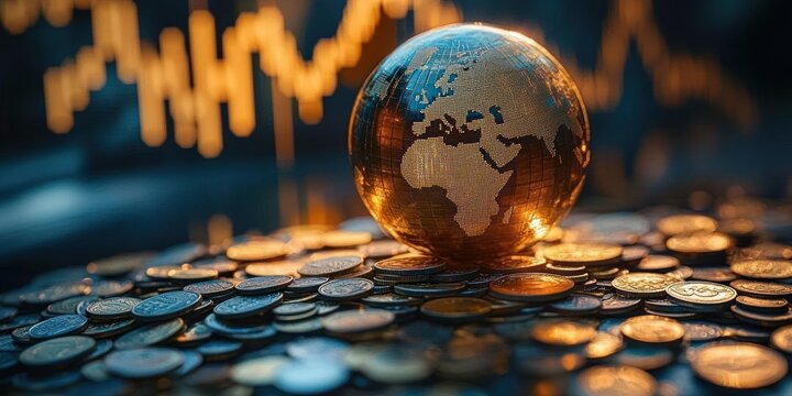 Golden metallic globe on a pile of coins with blurred rising stock chart in warm light, evoking global financial growth and prosperity