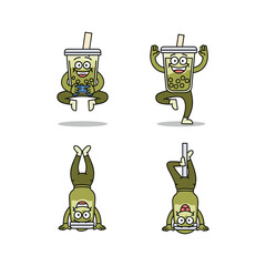 Cartoon bubble tea characters practicing yoga poses with fun and playful expressions