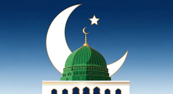 Green mosque dome with crescent moon.