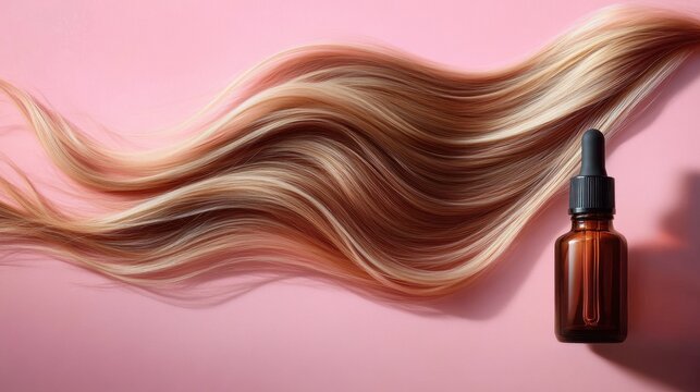 silky flowing blonde and light brown hair strands with amber dropper bottle on pink background conveying luxurious nourishment and shine