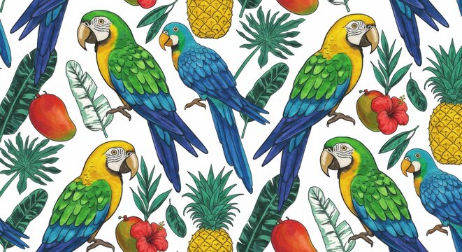 Vibrant tropical pattern with colorful parrots, pineapples, mangoes, hibiscus, and lush foliage