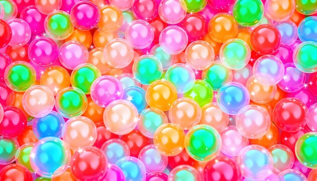 A colorful assortment of shiny transparent plastic balls fills the frame.
