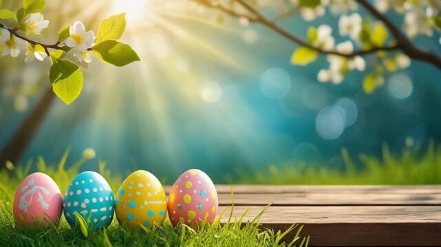 Painted easter eggs celebrating a Happy Easter on a spring day with a green grass meadow, bright sunlight and tree leaves.
