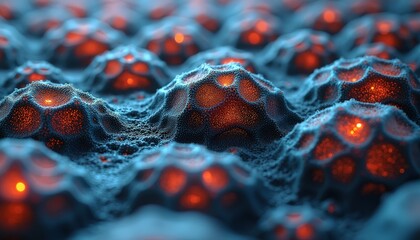Abstract Macro View of Glowing Orange Cells Under Blue Frosted Surface Representing Microscopic Biology or Futuristic