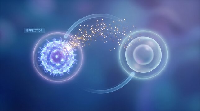 Glowing effector cell releasing particles in blue background