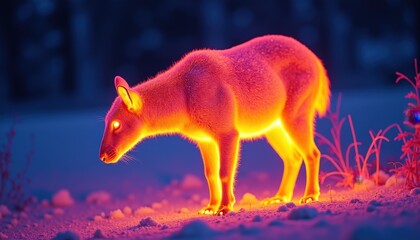 Magical Glowing Deer in Snowy Forest at Dusk Fiery Orange and Blue Light Winter Wonderland Fantasy Creature Enchanting