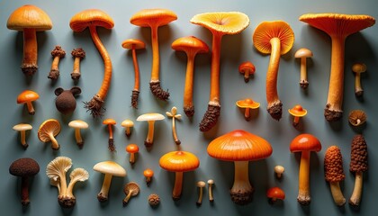 Assorted Fungi Varieties Displayed Against A Muted Blue Background Featuring Orange Red Hues And Earth Tones
