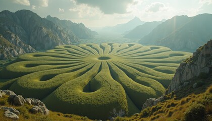 Abstract Geometric Forest Landscape With Circular Pattern And Mountain Range Under Bright Sunlight