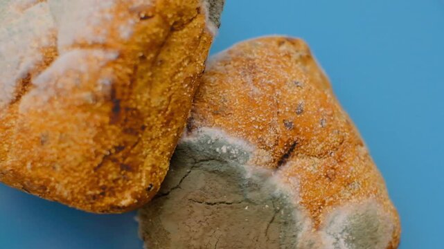 Moldy bun. A spoiled baked good with green mold on a blue plate.