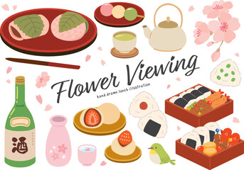 お花見のお弁当と和菓子の手描きイラストセット