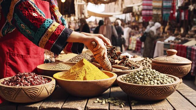 Woman selling spices at market stall.