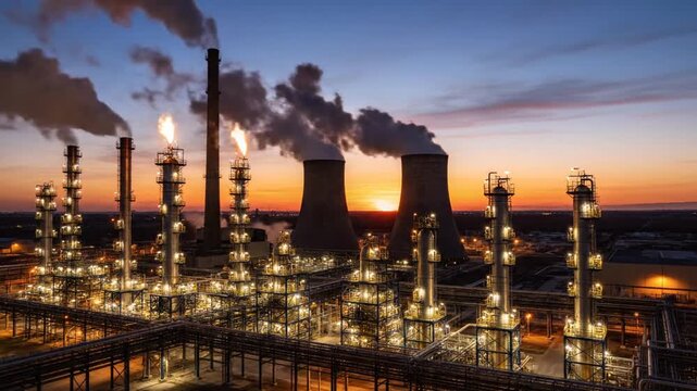 A sprawling industrial complex, emitting smoke against a dramatic sunset, illuminated at dusk