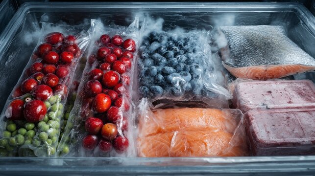 Colors burst through the icy landscape of a freezer drawer, showcasing a mix of fruits, fish, and frozen treats. Each section reveals a story of nourishment and care, frozen in time