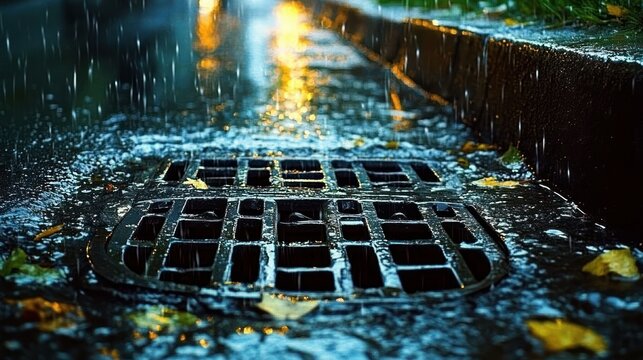 Close-up of rain-soaked metal storm drain grate on wet city curb with autumn leaves and glowing streetlight reflections, moody melancholic nighttime rain