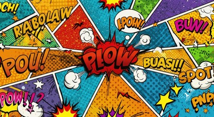 Dynamic Comic Book Panel Collage with Bold Onomatopoeia and Retro Aesthetic