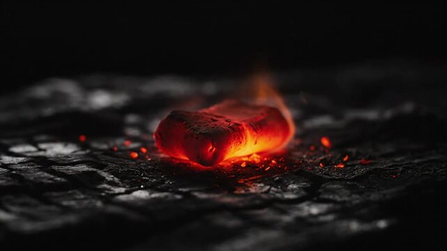 burning object on cracked surface, fire, sparks, heat, orange, close up