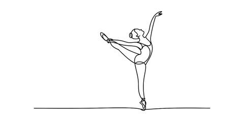 Minimalist continuous line drawing of a graceful ballerina performing a classic ballet pose. © Bobita