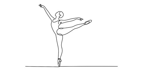 Continuous line drawing of a graceful ballerina performing a ballet dance move on a white background. © Bobita
