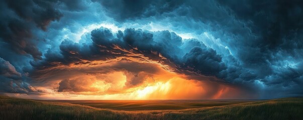 Fototapeta premium dramatic swirling storm clouds over open grassy plain with fiery orange rain shafts beneath towering blue thunderheads, awe-inspiring and ominous atmosphere