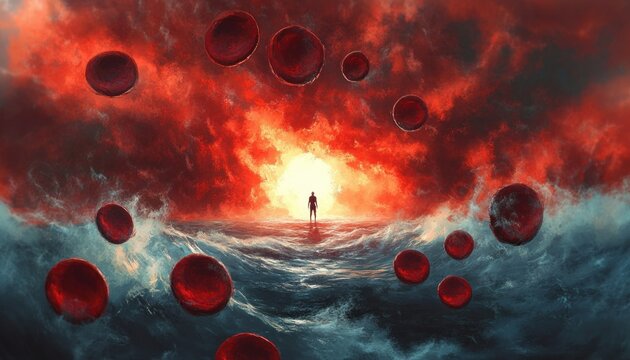 Lone silhouetted figure walking across turbulent ocean toward blinding light at the horizon under blood-red storm clouds with floating red spheres, surreal and ominous