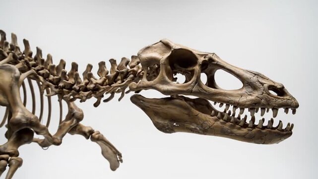 Fossilized dinosaur skeletal remains, featuring skull and spine, against plain white background