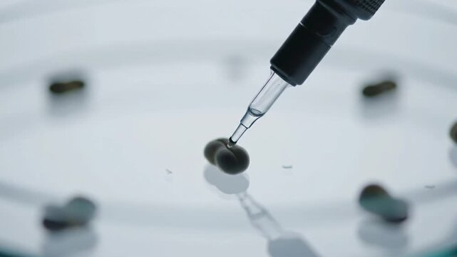 Close-up of a pipette dispensing liquid onto small dark objects on a smooth reflective surface