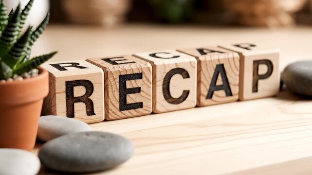 Wooden blocks with recap text beside plant.