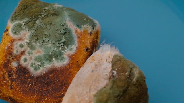 Close-up of white and green mold spots on buns.Moldy bun. Spoiled baked goods.Stale bread.Expired product with mold.Expired product expiration date