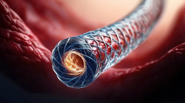 braided vascular stent threaded through red arterial tissue with glowing lumen, intricate metallic mesh conveying clinical precision and hopeful medical repair