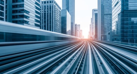 Obraz premium Blurred train speeding through cityscape with modern skyscrapers at sunset conveying urban motion and technology
