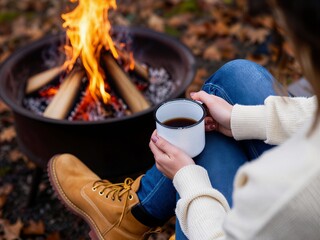 Cozy Campfire with Mug in Autumn