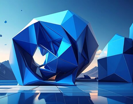 Geometric blue forms against mountain backdrop, reflecting on tile