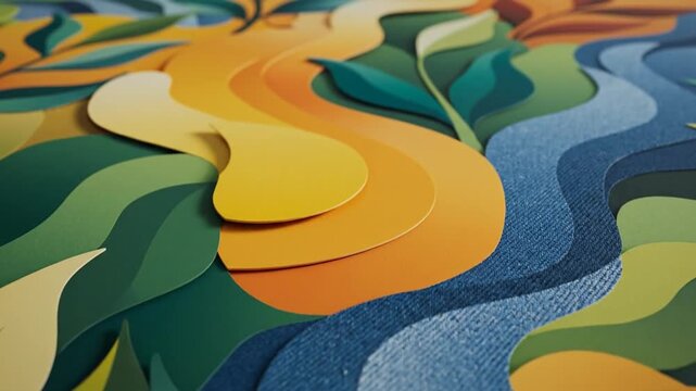 A vibrant abstract paper art piece with layered leaves, a flowing stream, and a textured denim ground