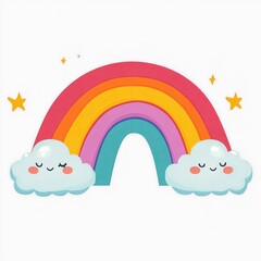 Fototapeta premium two smiling clouds with rosy cheeks holding a multicolored rainbow arch with small stars and sparkles, cheerful and peaceful cartoon illustration