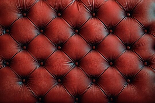 close-up of deep red tufted leather upholstery with buttoned diamond pattern, worn grain and moody highlights evoking vintage luxury and cozy sophistication