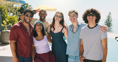 Smile, portrait and summer with friends outdoor for bonding, support and holiday connection....