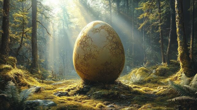 giant marbled golden egg resting on mossy forest floor in sunlit clearing, evoking wonder and serene mystery