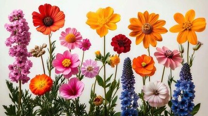 Obraz premium assorted vibrant wildflowers with pink, orange, yellow and blue blooms on tall green stems against a clean white background, cheerful and fresh