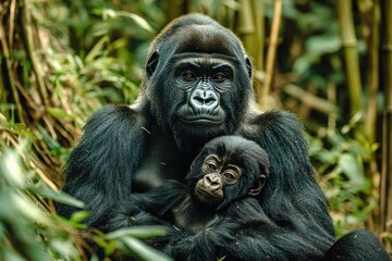 Obraz premium adult gorilla cradling an infant amid lush green forest foliage in a tender protective embrace, calm and peaceful moment