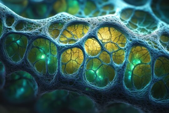Ethereal microscopic fibrous network forming honeycomb-like cavities with glowing green and yellow cores, intricate organic textures evoking wonder and mystery