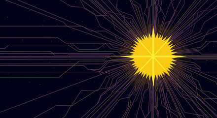 Obraz premium A vibrant yellow starburst emits intricate purple lines across a dark digital landscape, representing complex data networks and futuristic technological concepts.