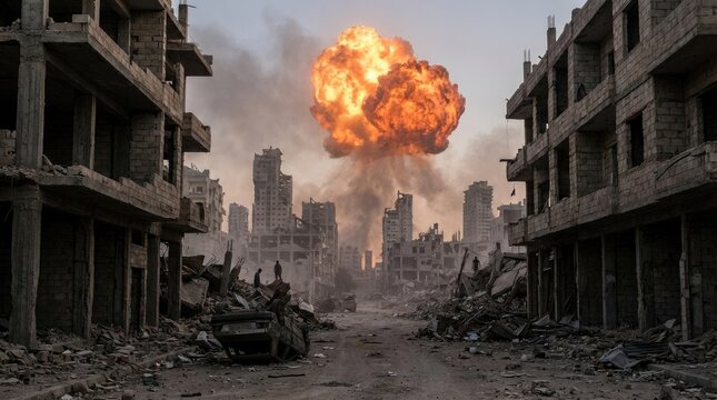 Empty city street with building ruins and dramatic explosion concept. A devastated cityscape showcasing the effects of war and destruction.
