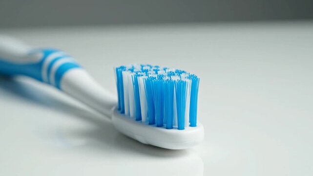 A close-up shot of a toothbrush, featuring white handle, blue and white bristles, on a white surface