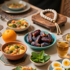 A traditional Islamic meal spread with dates, soup, and other delicious food items