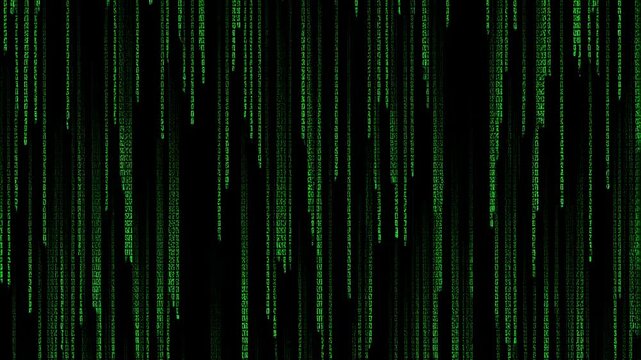 Green binary code rain on a black background. Represents digital technology, data flow, and the essence of the information age