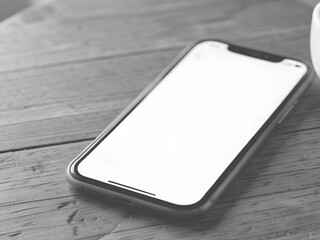 A smartphone lies on a wooden table with a blank screen and case