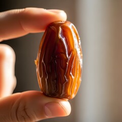 A hand holding a single, shiny brown date between thumb and index finger